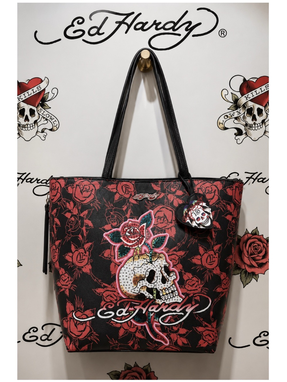 Ed Hardy. Skull and Roses Tote Bag with Free Bag Scarf & Dust Bag. - Picture 6 of 16